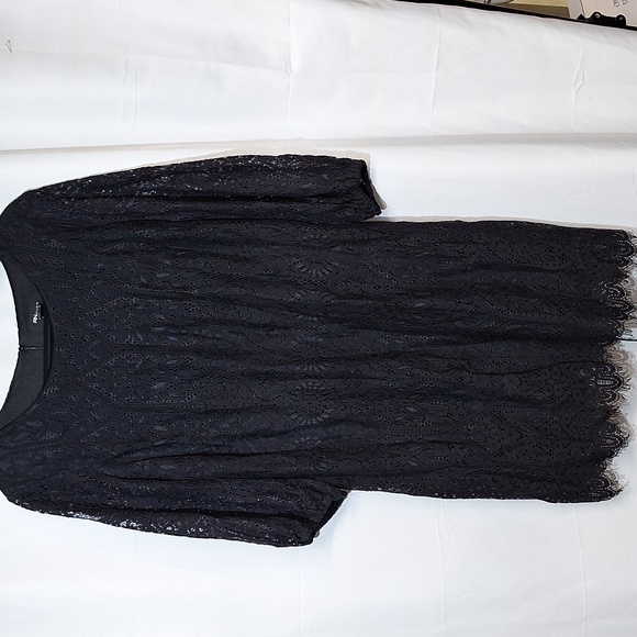 Ronni Nicole Black Lace Long Sleeve Shift Dress w/ Nude Body Lining Size 18 - Picture 2 of 9